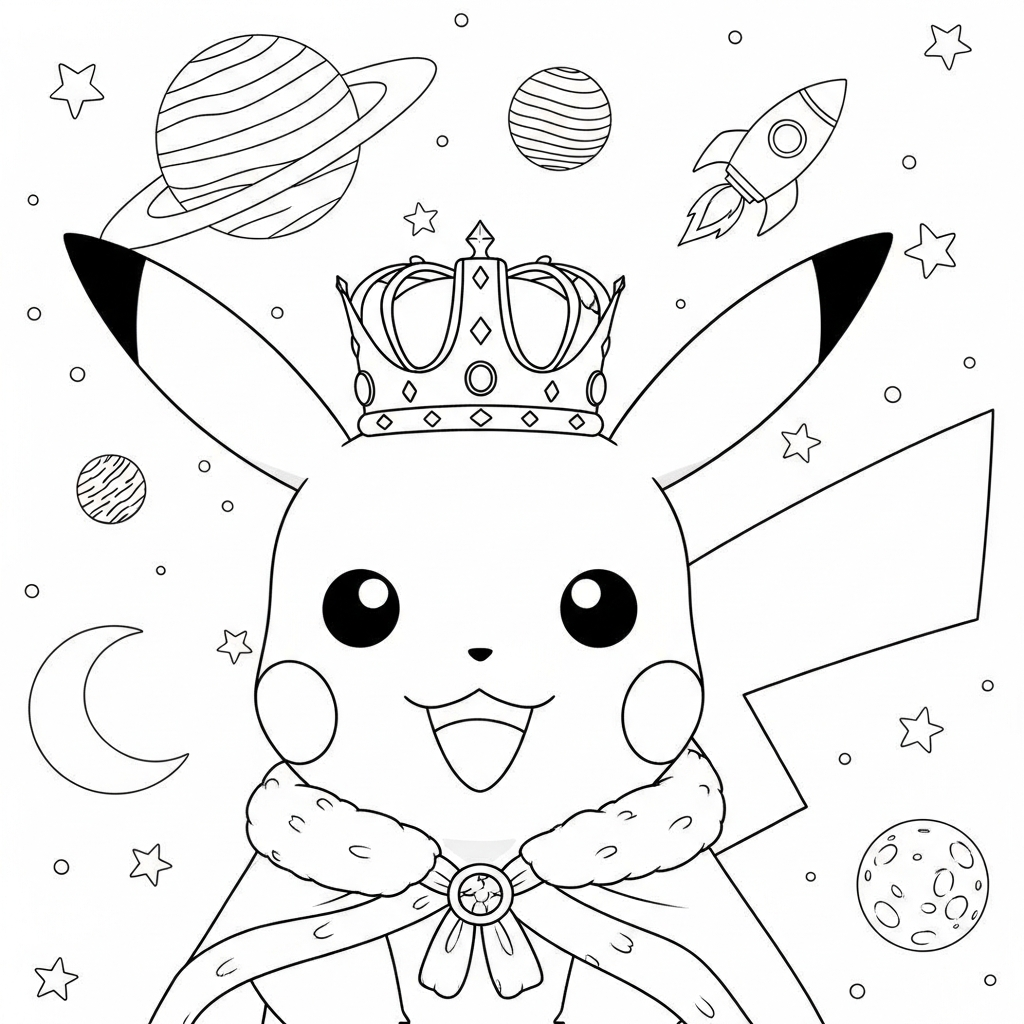 Desenho de Pikachu para colorir vestido de rei no espaço com planetas e foguete.