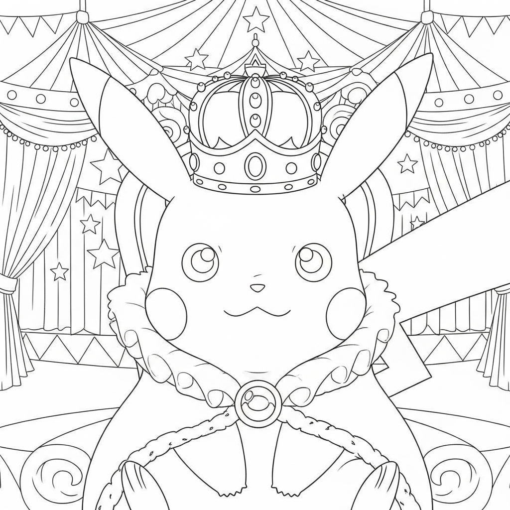 Desenho de Pikachu para colorir vestido de rainha no trono do circo.