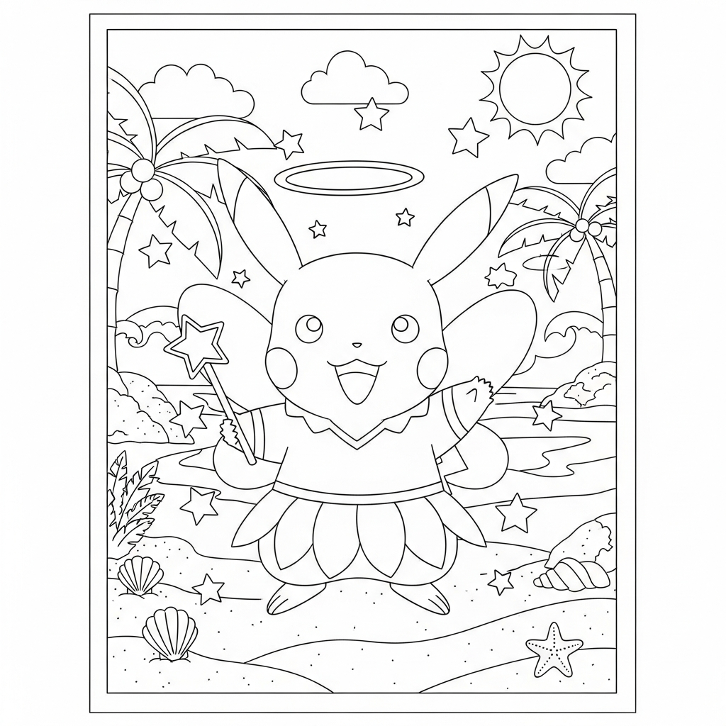 Desenho de Pikachu para colorir vestido de fada com varinha na praia com palmeiras.