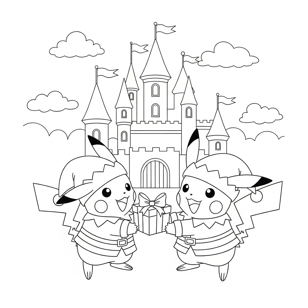 Desenho de Pikachu para colorir vestido de duende entregando presente no castelo encantado.
