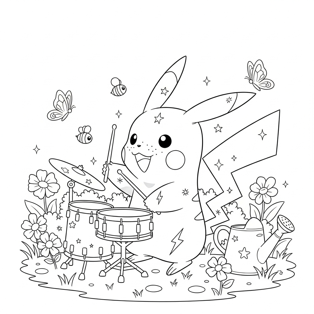Desenho de Pikachu para colorir tocando bateria com baquetas no jardim florido com abelhas