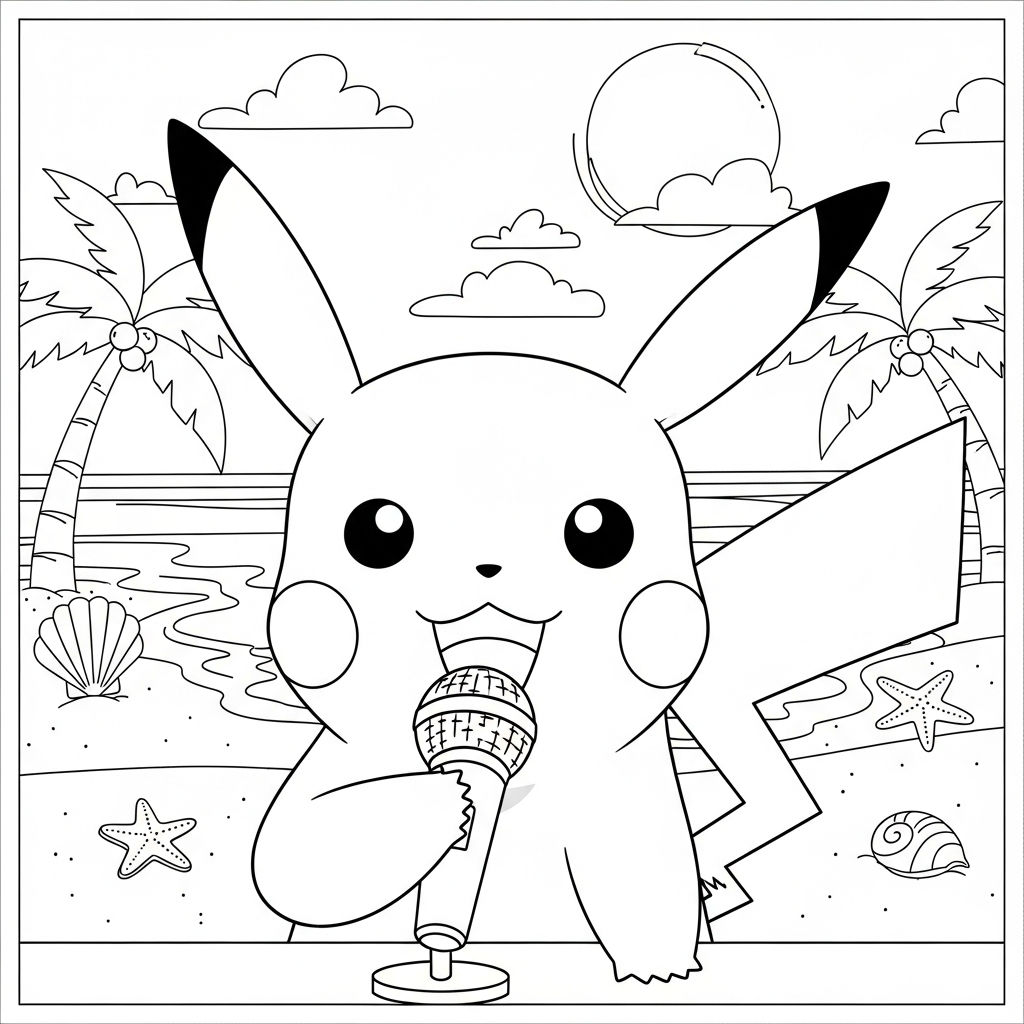Desenho de Pikachu para colorir cantando no microfone em palco na praia com palmeiras