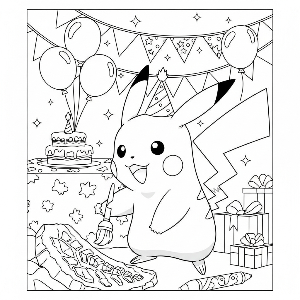 Desenho de Pikachu para colorir descobrindo fóssil de dinossauro com pincel em aniversário.