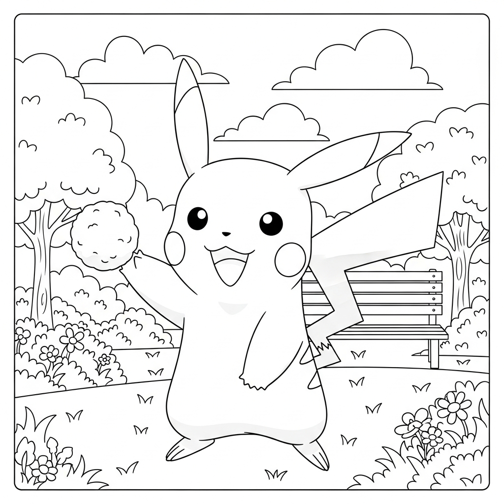 Desenho de Pikachu para colorir jogando bola de neve em amigo no parque ensolarado com árvores.