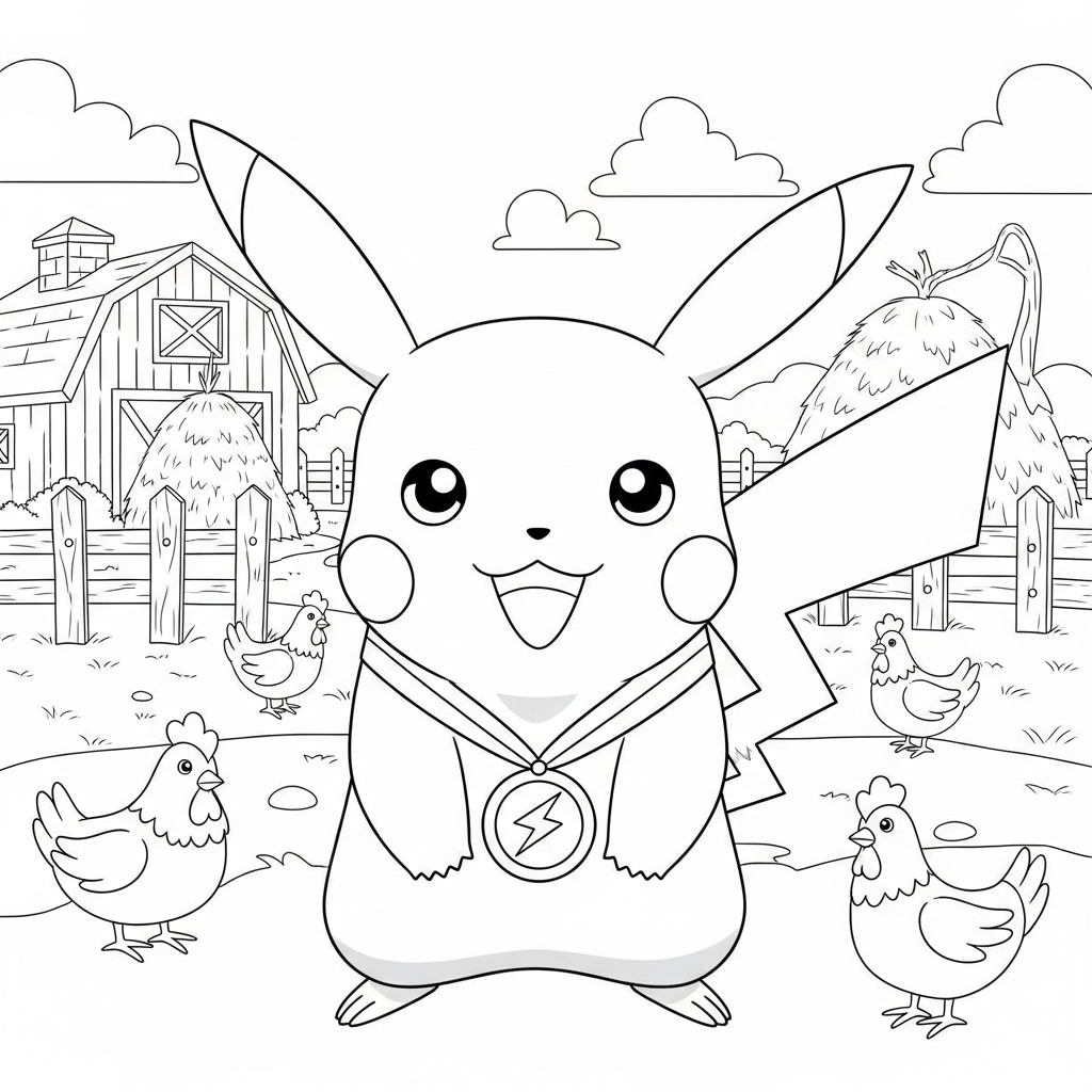 Desenho de Pikachu para colorir segurando medalha no pescoço em fazenda com celeiro