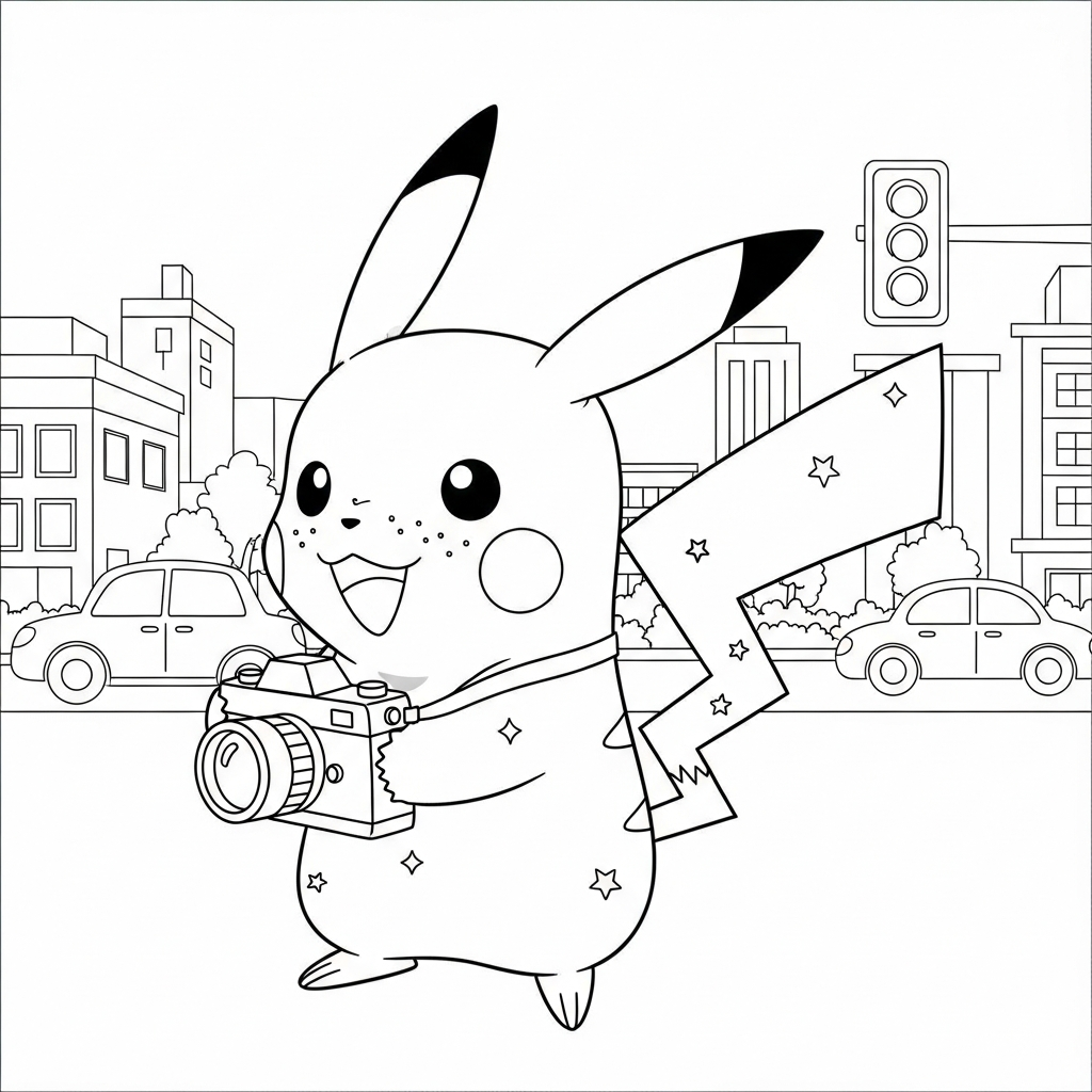 Desenho de Pikachu para colorir segurando câmera fotográfica antiga na rua da cidade.