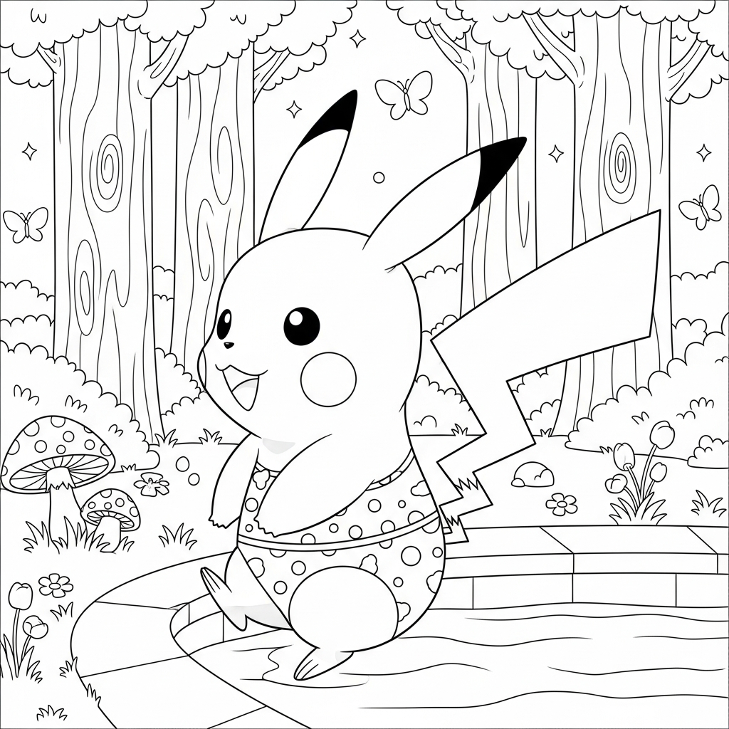 Desenho de Pikachu para colorir em maiô na piscina, com cogumelos e borboletas.