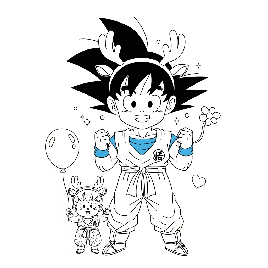 Desenho de Goku para colorir usando chifres de rena e um sino pequeno.