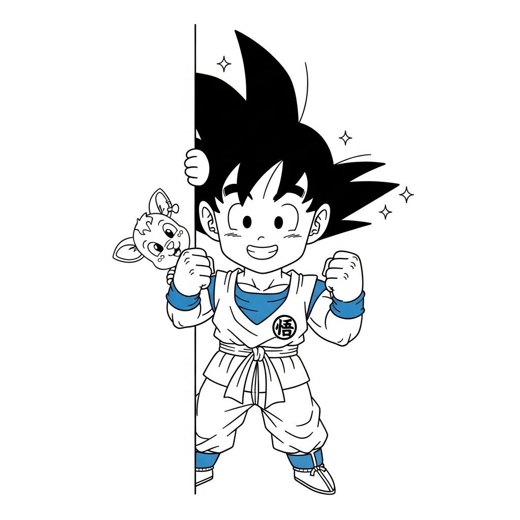 Desenho de Goku para colorir curioso espiando por trás de algo