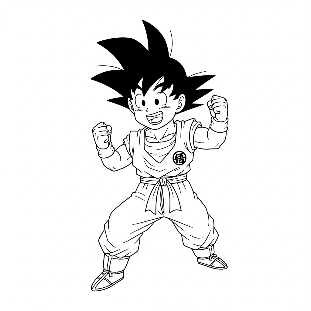 Desenho de Goku para colorir vibrando com punhos no ar gritando sim