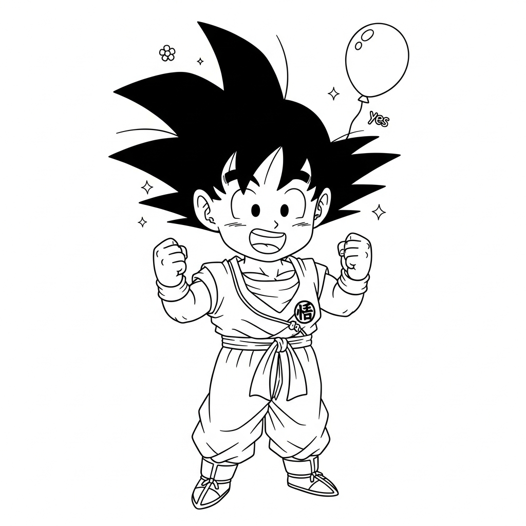 Desenho de Goku para colorir vibrando com punhos no ar perto de pedra