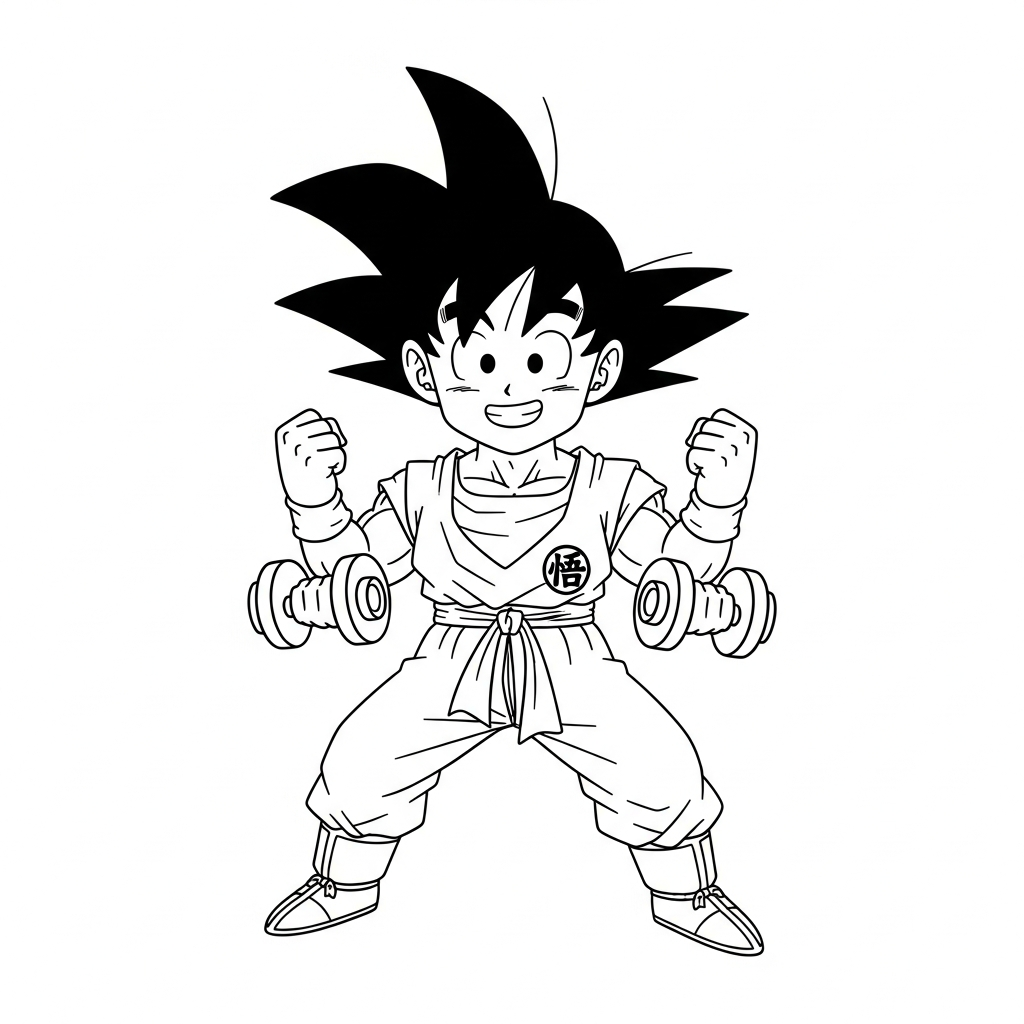 Desenho de Goku para colorir levantando halteres pequenos com expressão determinada