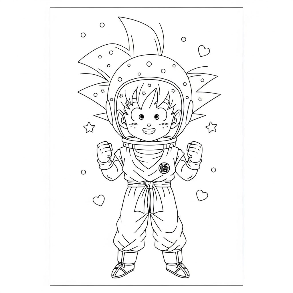 Desenho de Goku para colorir vestido de astronauta com capacete, estrelinhas e corações.