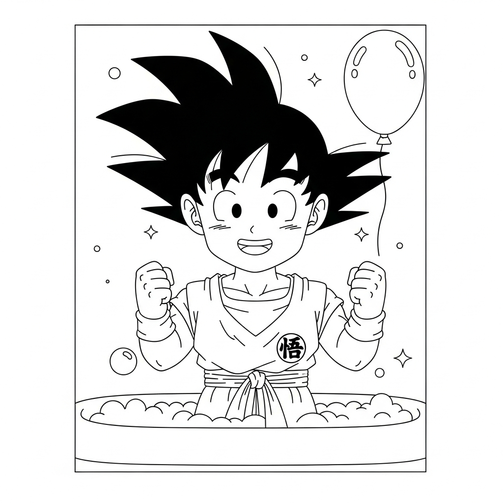 Desenho de Goku para colorir tomando banho na banheira com patinho pequeno