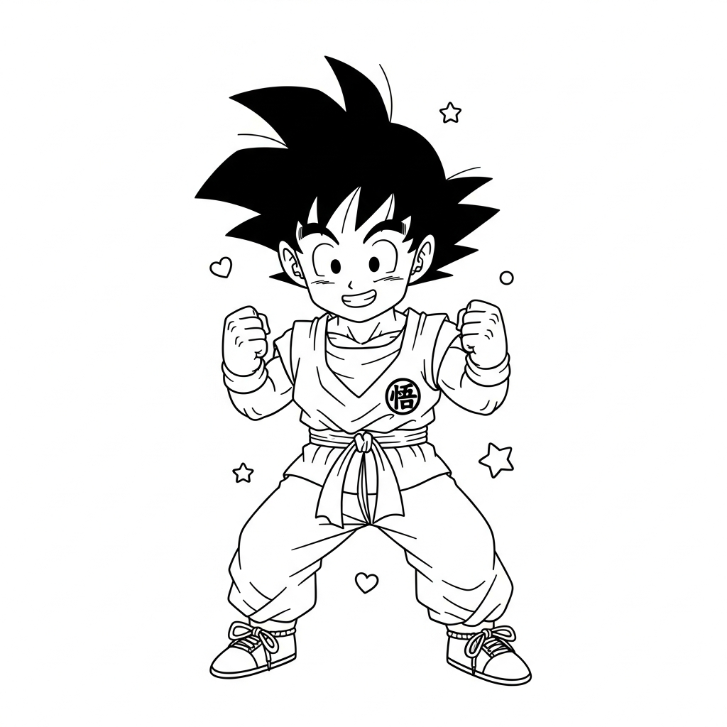 Desenho de Goku para colorir amarrando os cadarços entre estrelinhas e corações decorativos.
