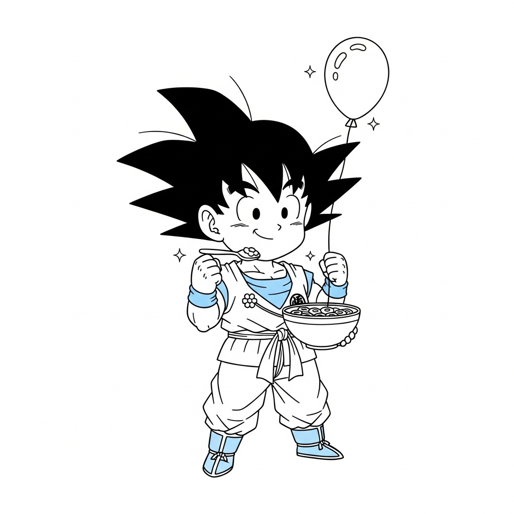 Desenho de Goku para colorir comendo cereal na tigela com uma colher pequena