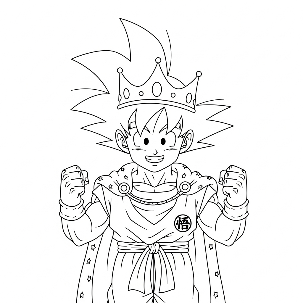 Desenho de Goku para colorir vestido de rei com coroa e capa