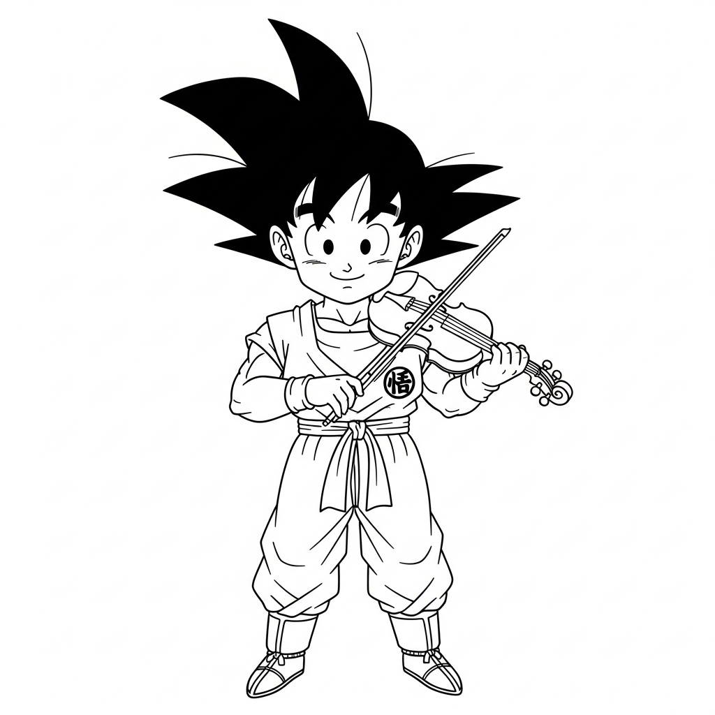Desenho de Goku para colorir tocando violino encaixado no ombro