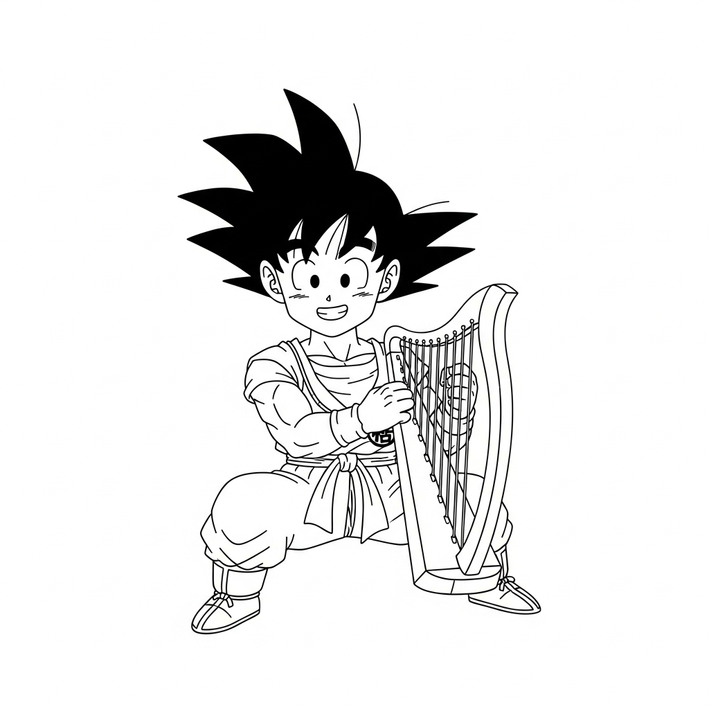 Desenho de Goku para colorir tocando harpa sentado com expressão tranquila