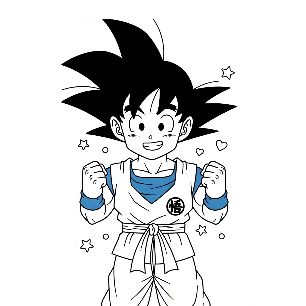 Desenho de Goku para colorir dançando samba com pluma, estrelinhas e corações.
