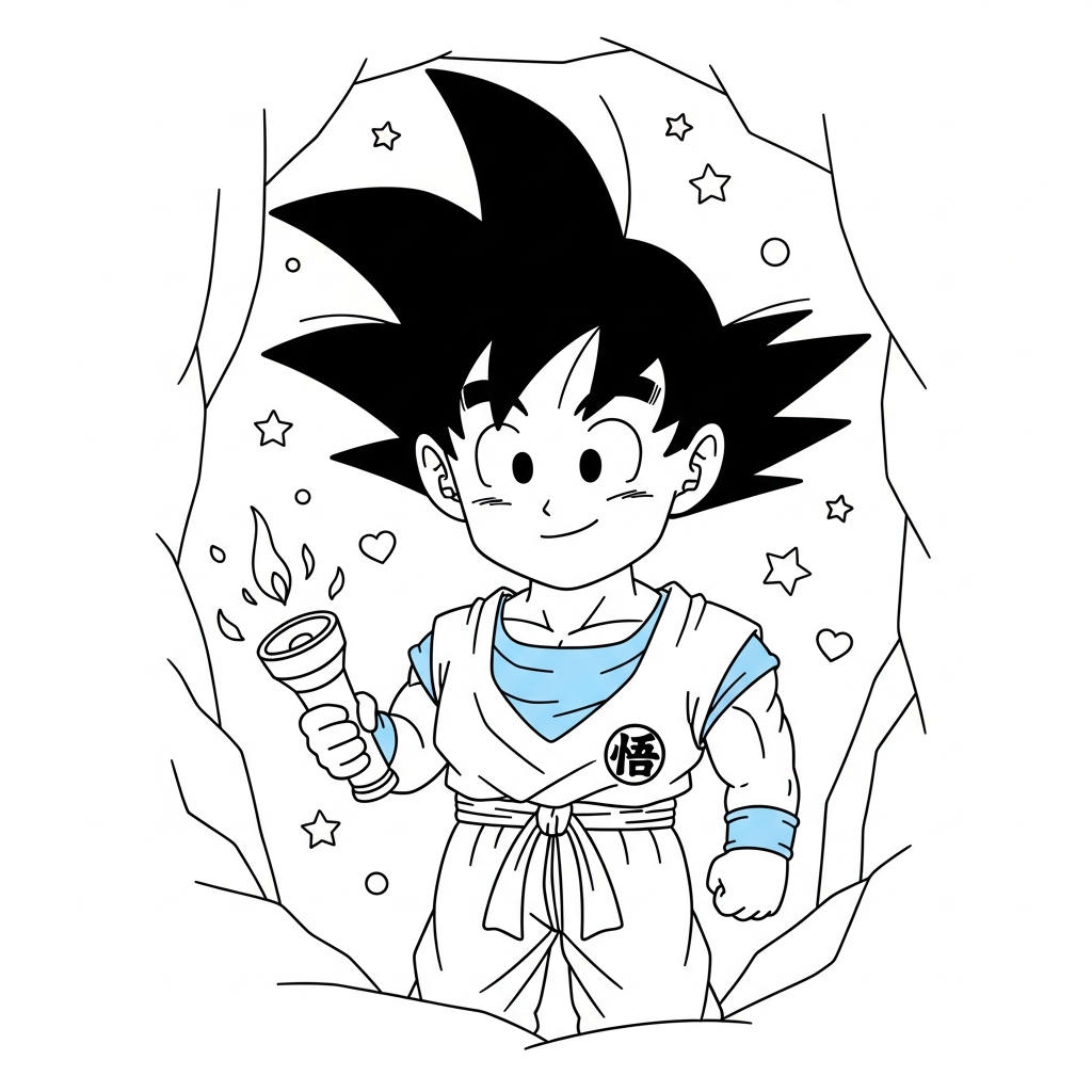 Desenho de Goku para colorir explorando caverna com lanterna, estrelinhas e corações decorativos.