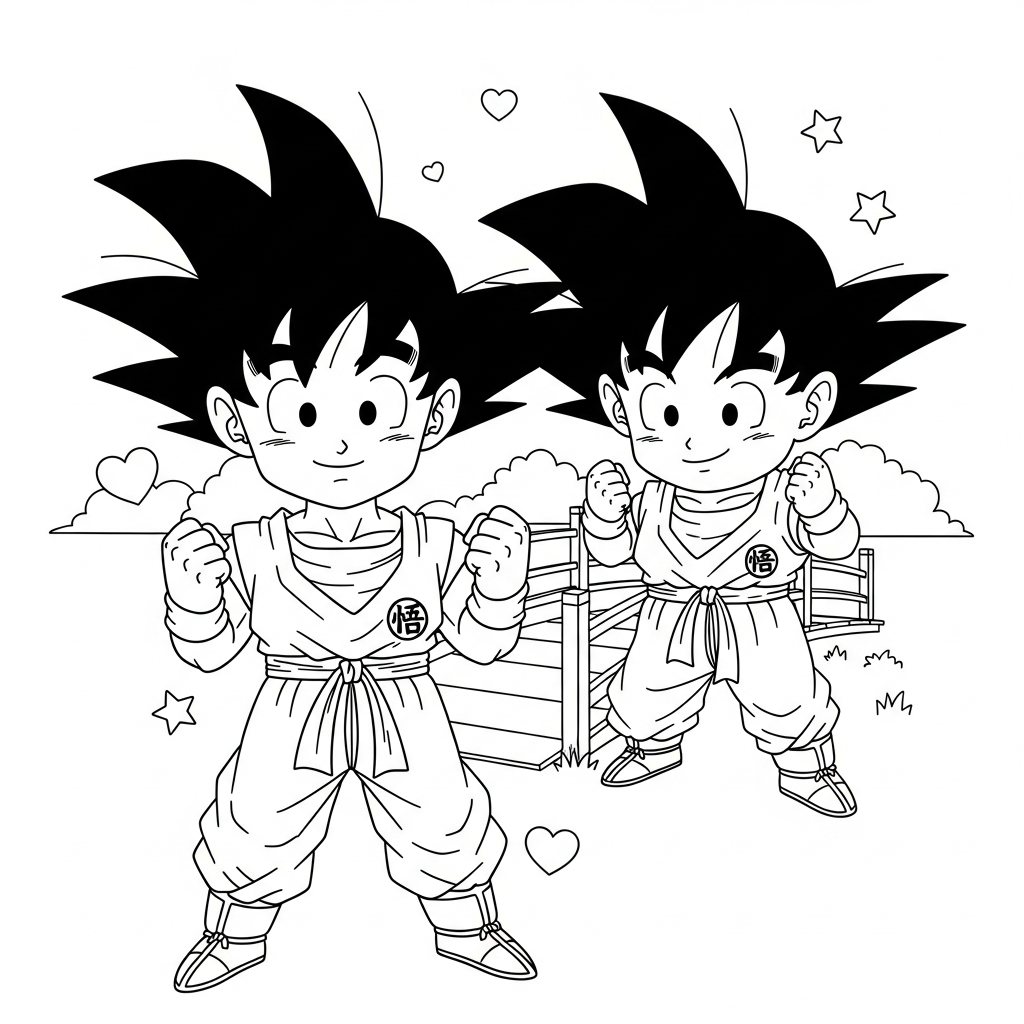 Desenho de Goku para colorir atravessando ponte de madeira com estrelinhas e corações.