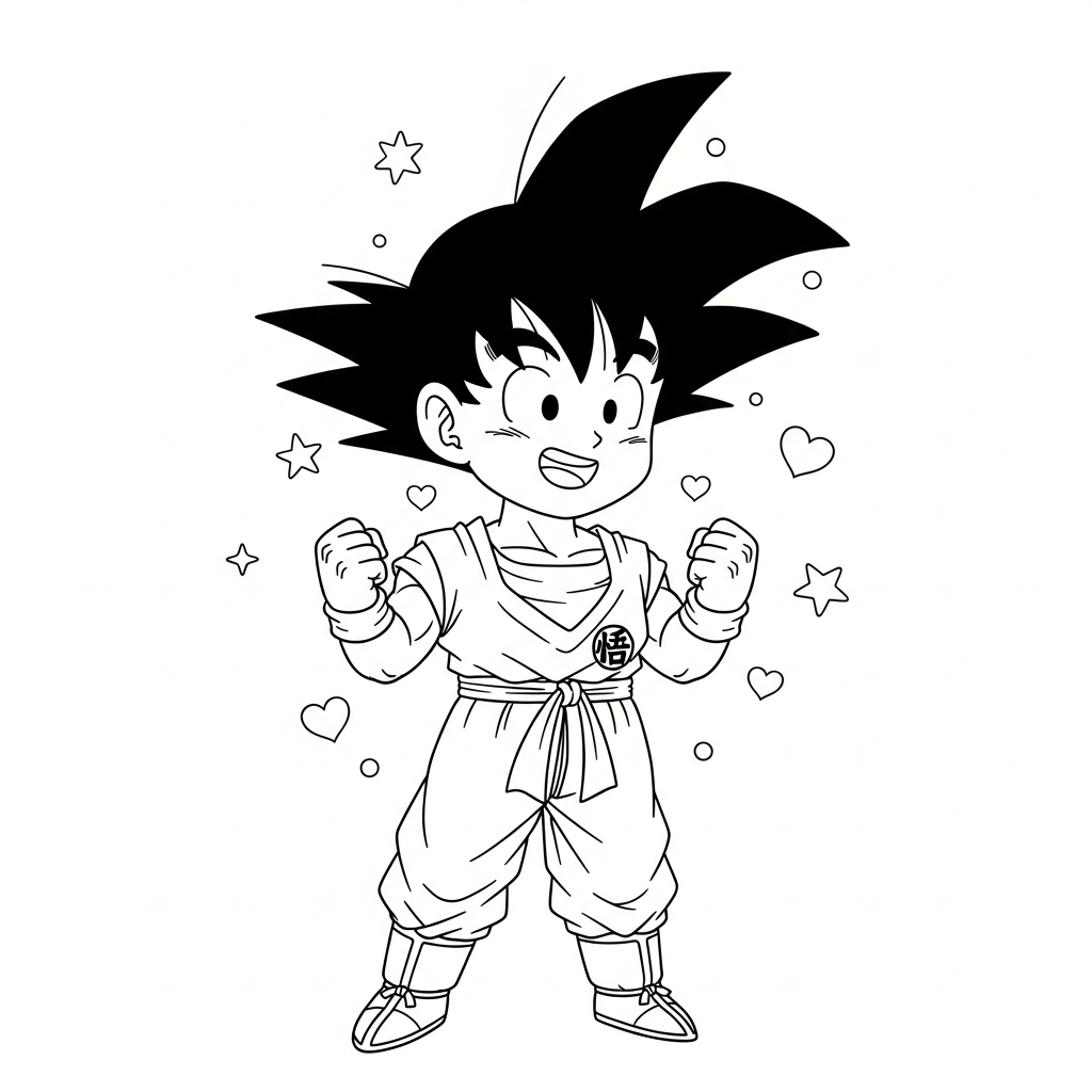 Desenho de Goku para colorir cantando junto à fogueira de Natal com estrelinhas e corações