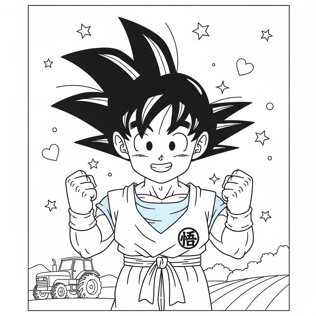Desenho de Goku para colorir dirigindo trator no campo com estrelinhas e corações