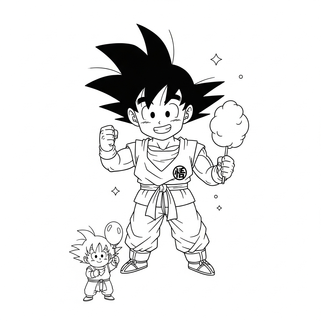 Desenho de Goku para colorir segurando algodão doce na vara com estrela pequena