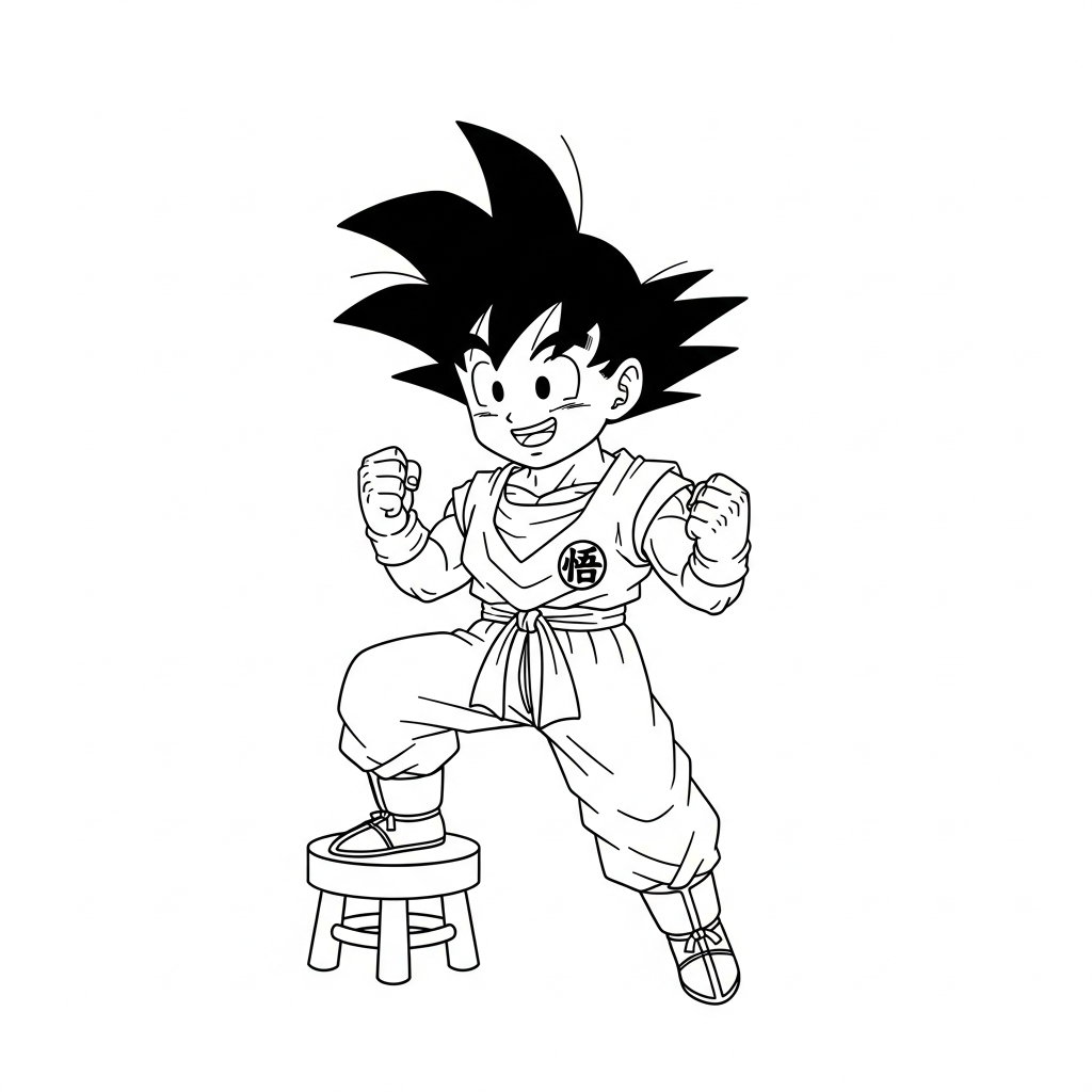 Desenho de Goku para colorir subindo em um banco baixo.