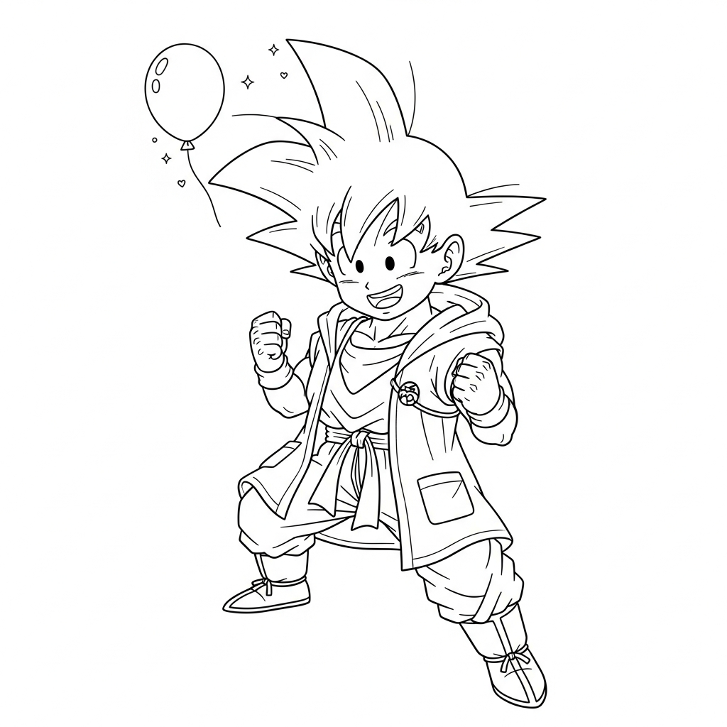 Desenho de Goku para colorir usando capa de chuva amarela e botinha com guarda-chuva pequeno.