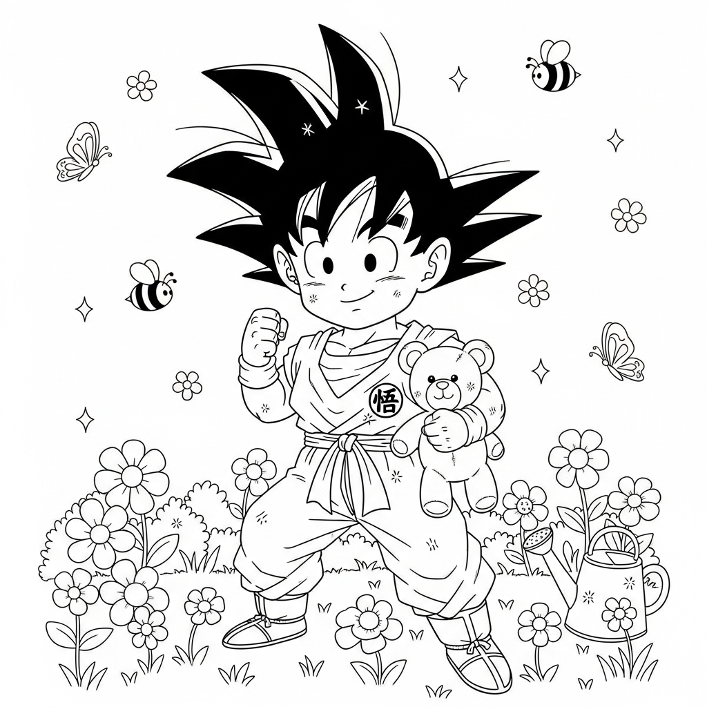 Desenho de Goku para colorir abraçando ursinho de pelúcia no jardim florido com abelhas