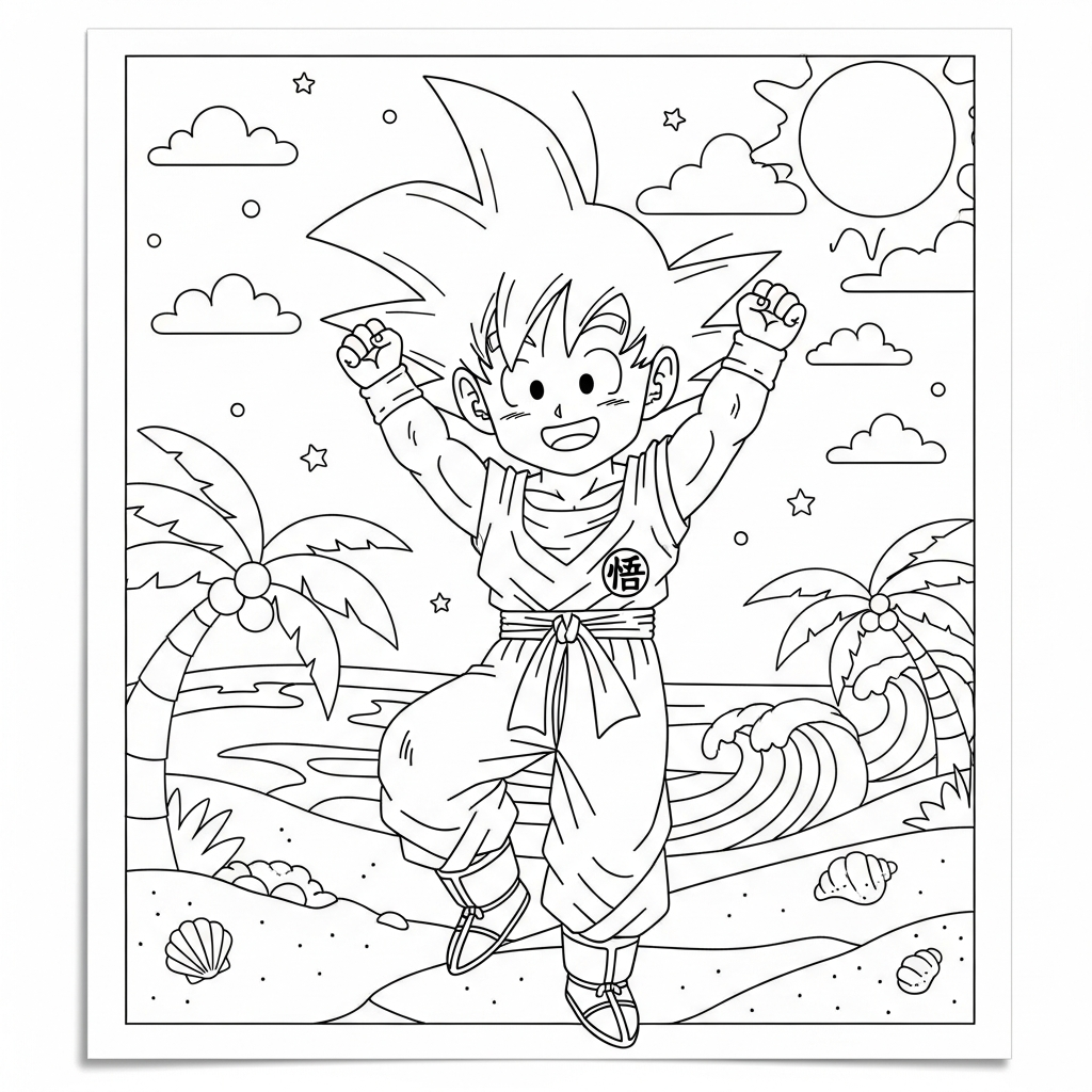 Desenho de Goku para colorir dançando com braços para cima na praia com palmeiras