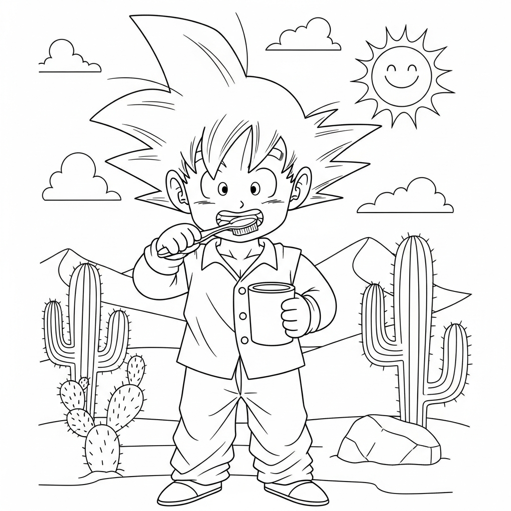 Desenho de Goku para colorir de pijama escovando os dentes no deserto com cactos