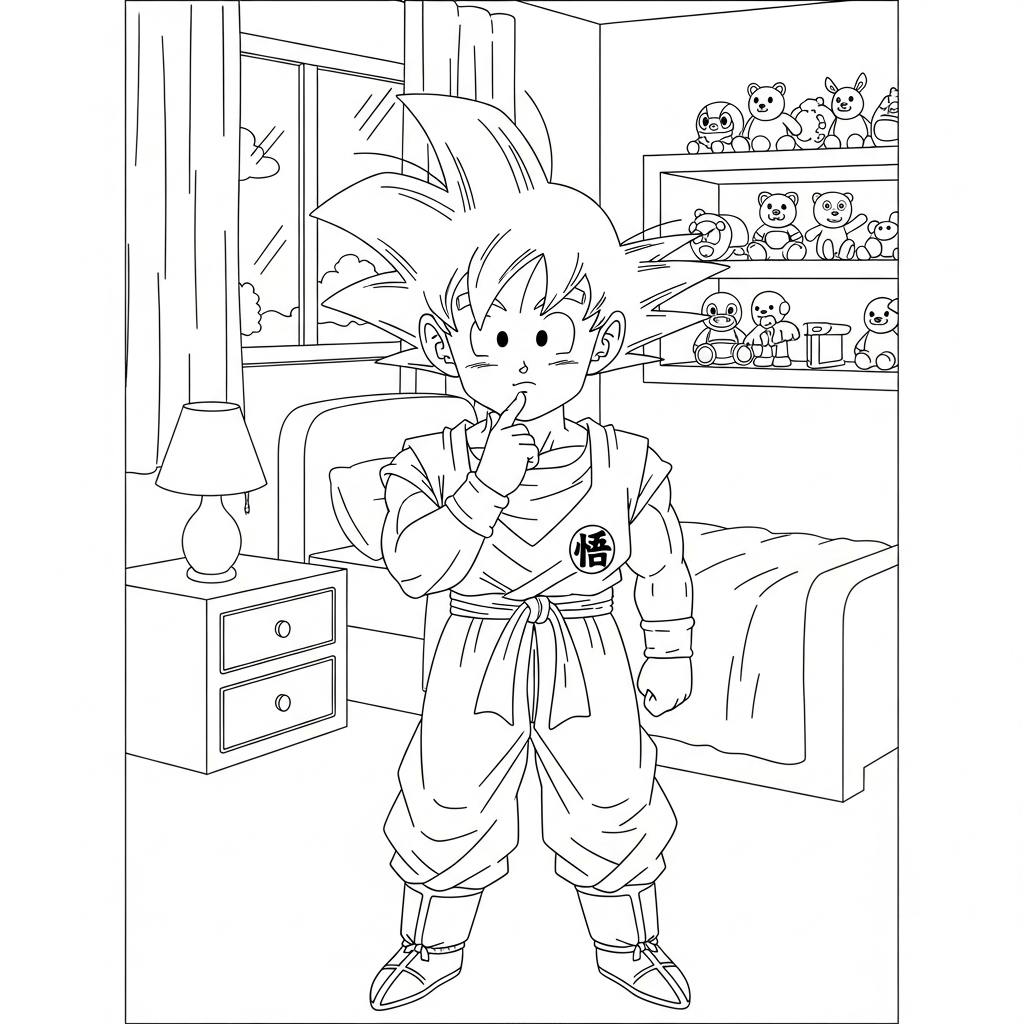 Desenho de Goku para colorir pensativo com dedo no queixo no quarto com cama e brinquedos