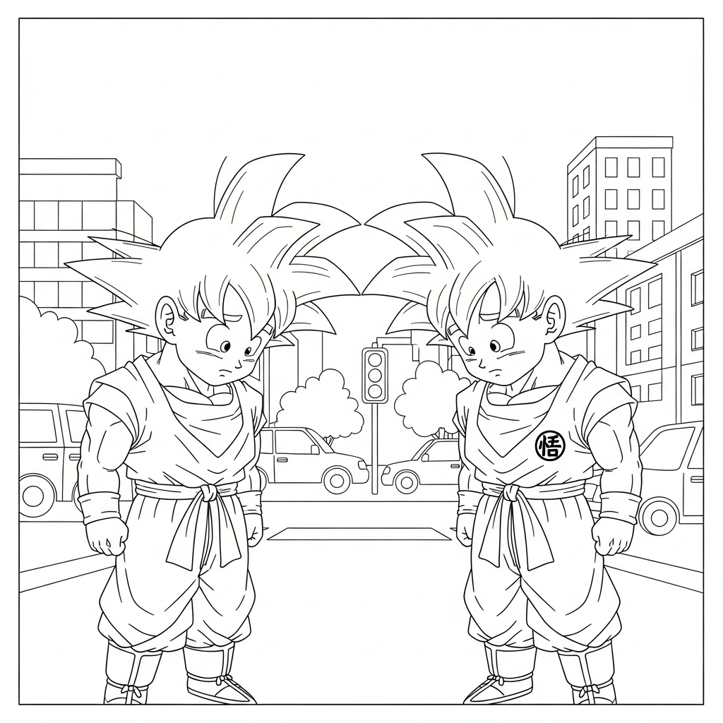 Desenho de Goku para colorir triste com cabeça baixa na rua da cidade