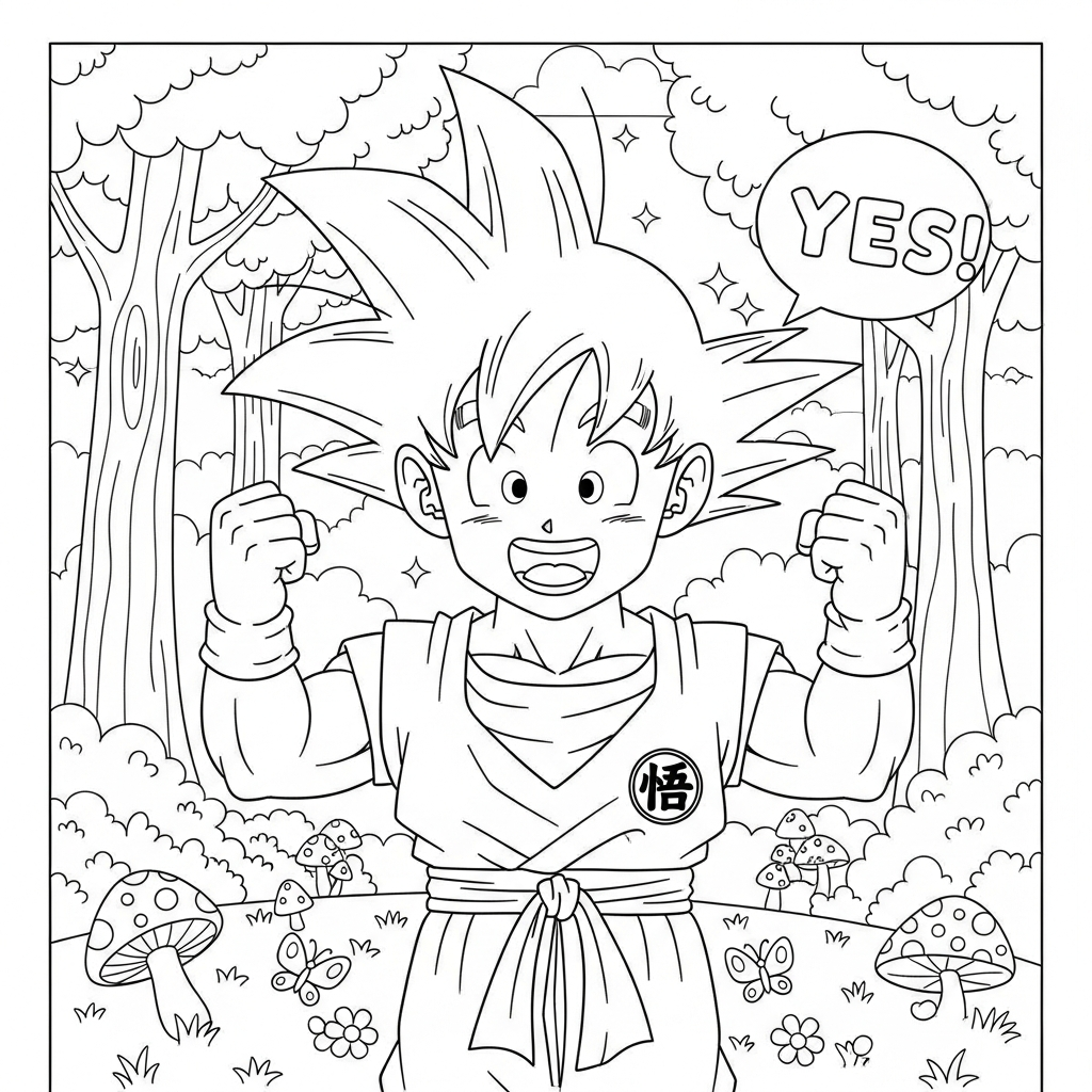 Desenho de Goku para colorir vibrando com punhos no ar na floresta.