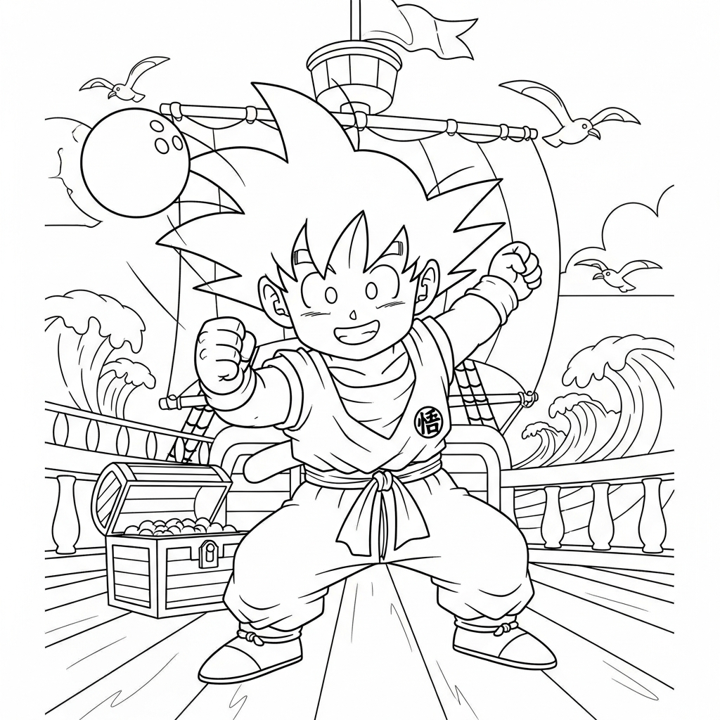 Desenho de Goku para colorir jogando boliche em um navio pirata
