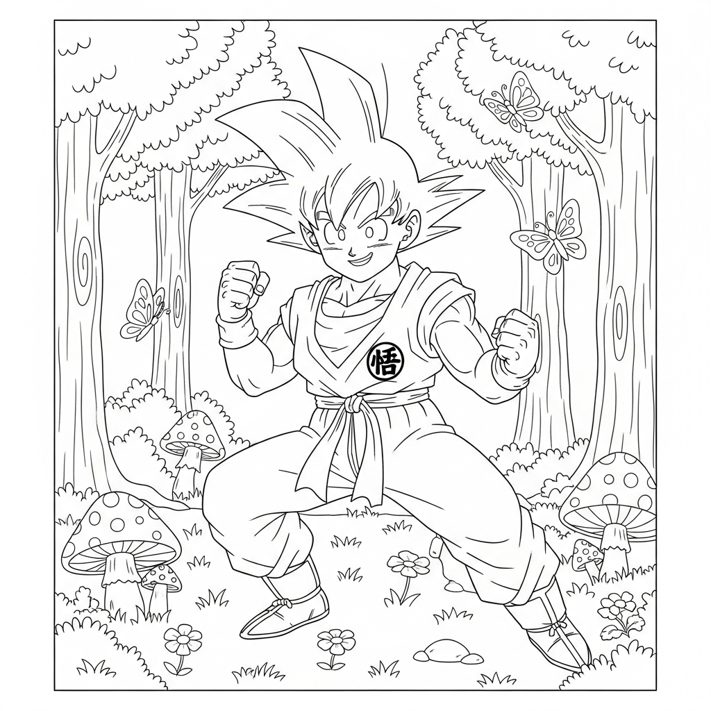 Desenho de Goku para colorir praticando capoeira em floresta com cogumelos e borboletas