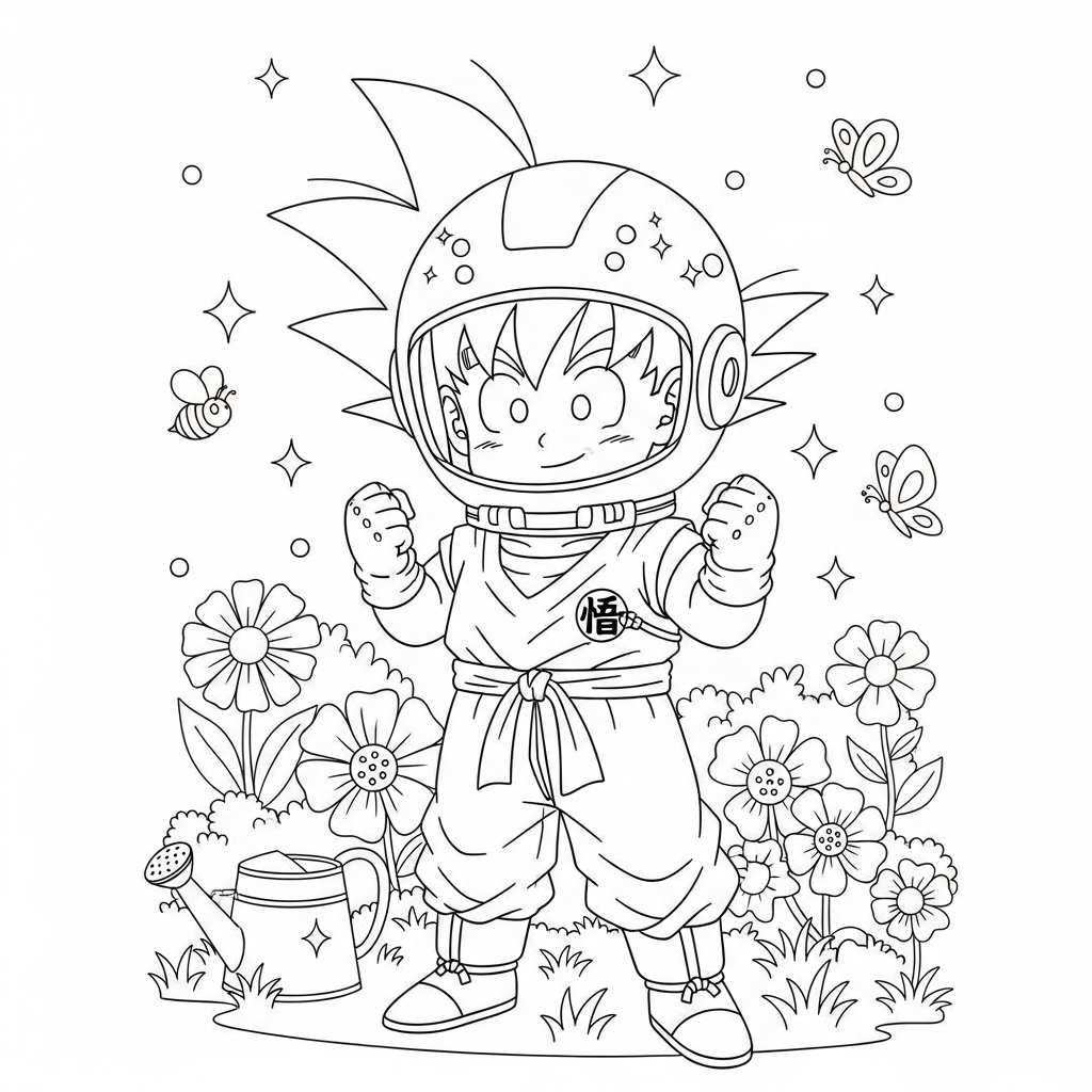 Desenho de Goku para colorir vestido de astronauta no jardim com flores e abelhas