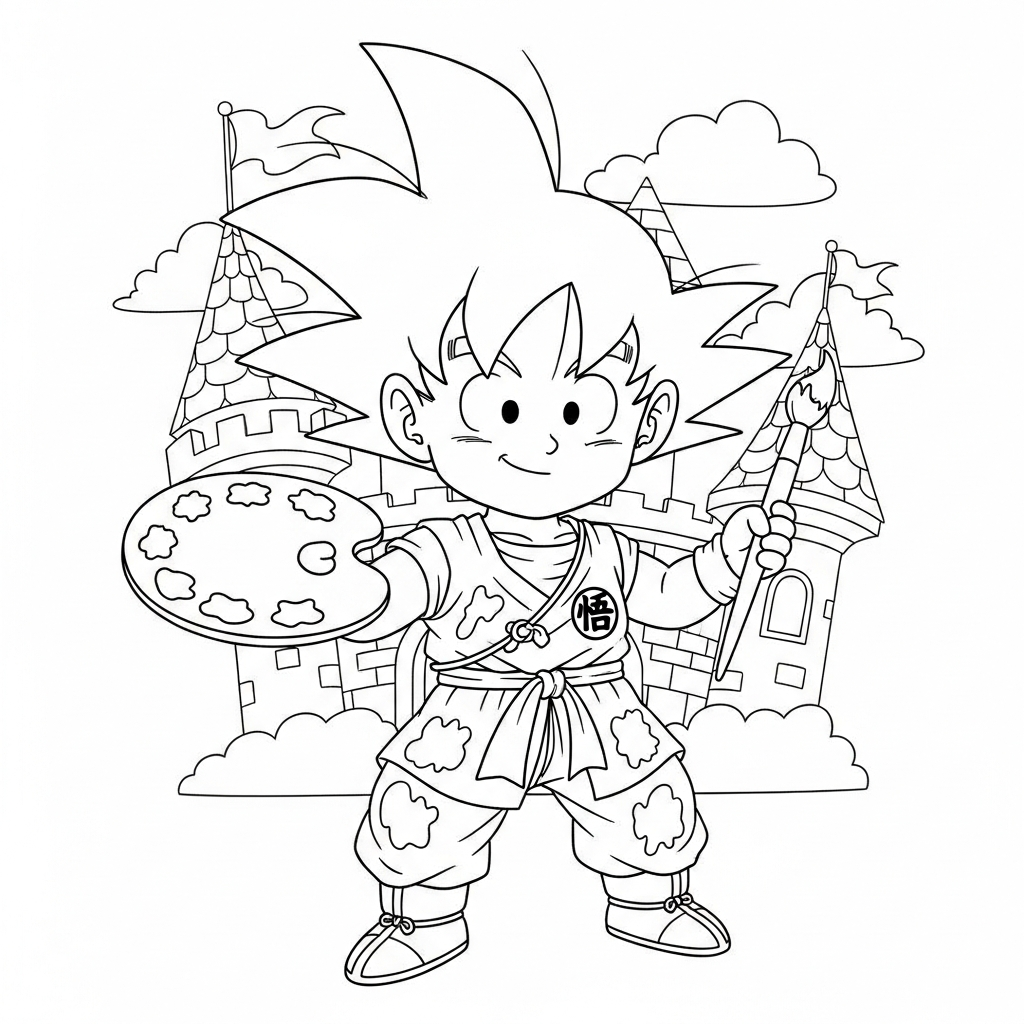 Desenho de Goku para colorir vestido de pintor em castelo de conto de fadas