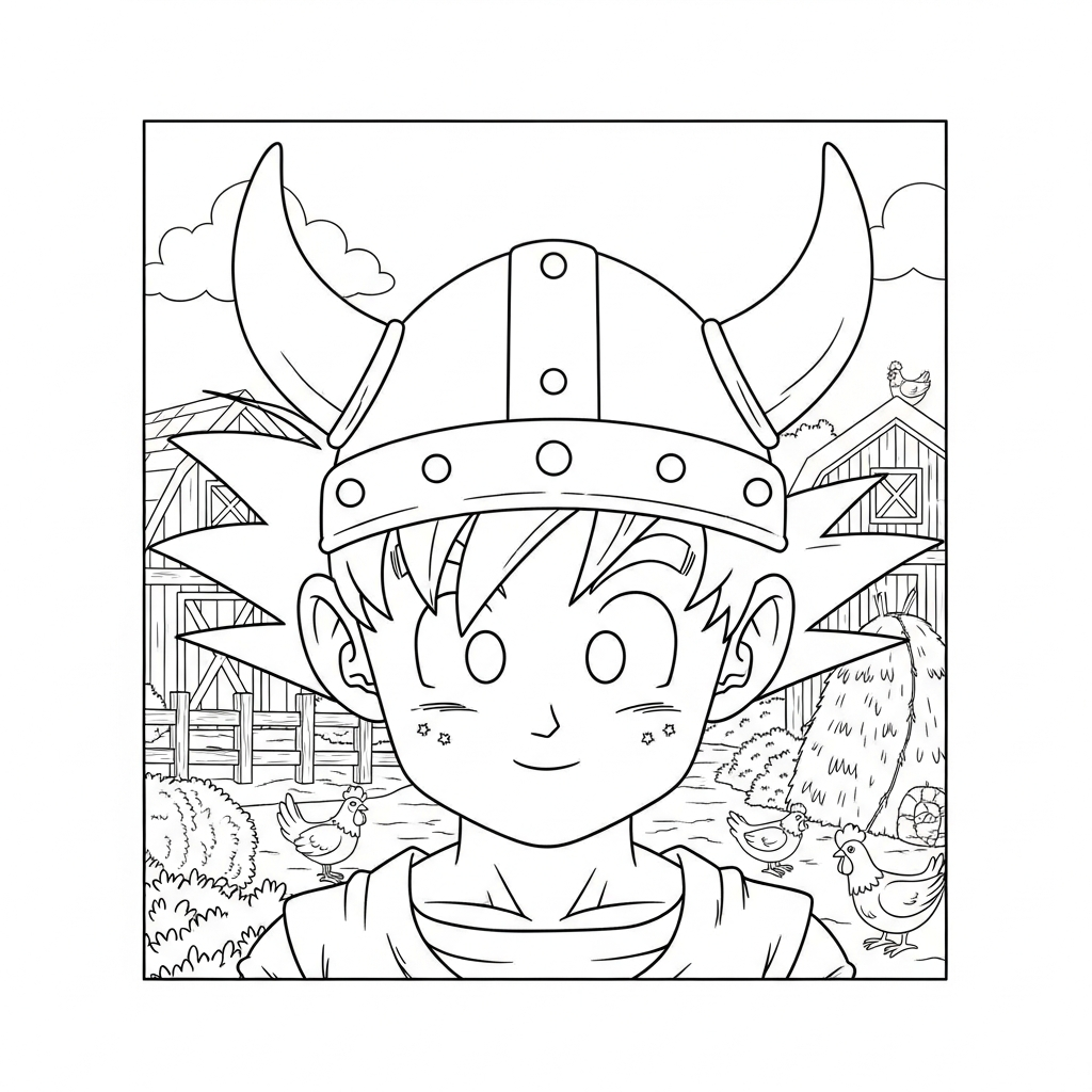 Desenho de Goku para colorir vestido de viking em fazenda com celeiro.