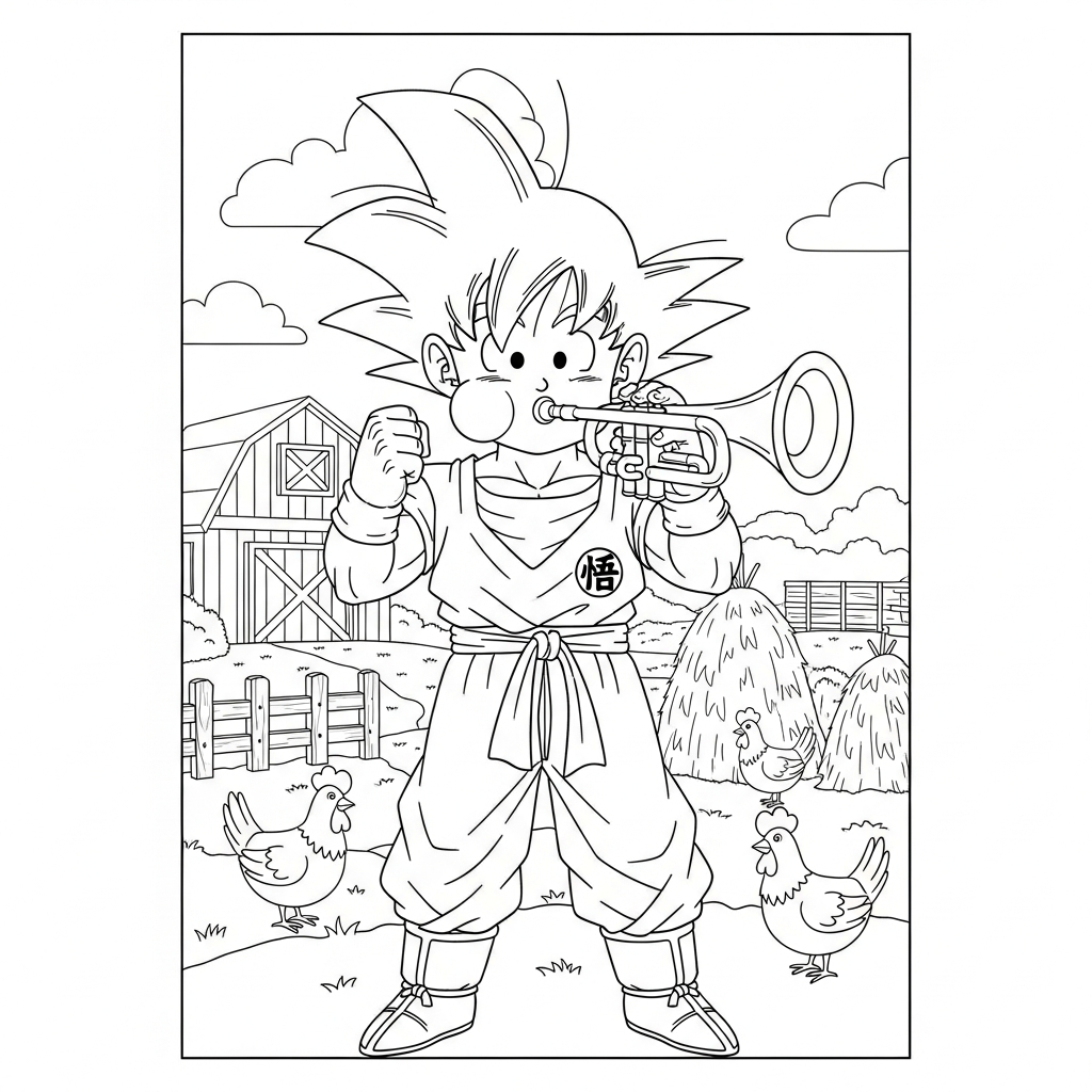 Desenho de Goku para colorir tocando trompete com bochechas em contorno na fazenda.