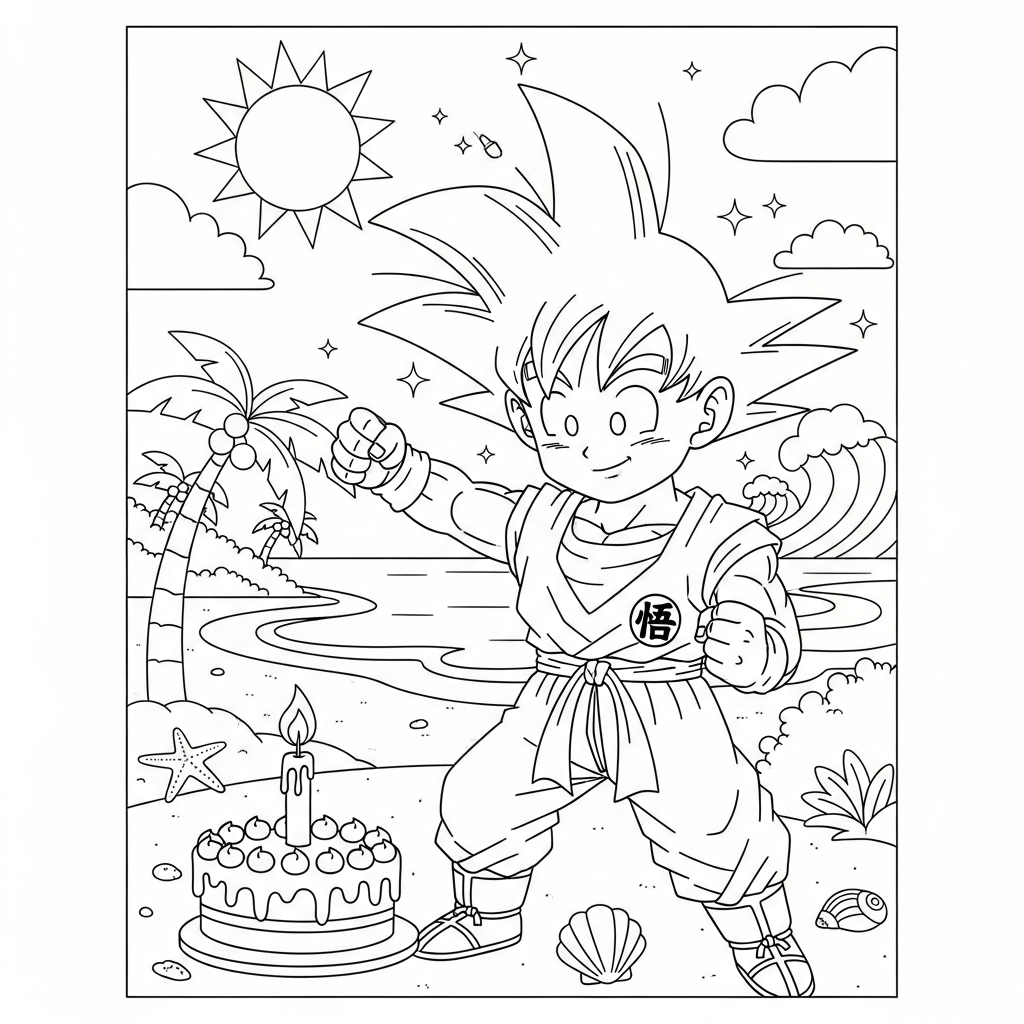 Desenho de Goku para colorir acendendo vela em bolo na praia com palmeiras.