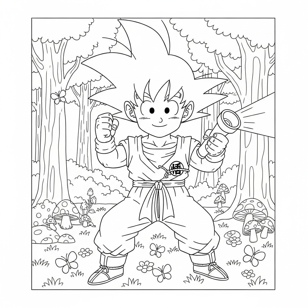 Desenho de Goku para colorir segurando lanterna em floresta com cogumelos e borboletas.