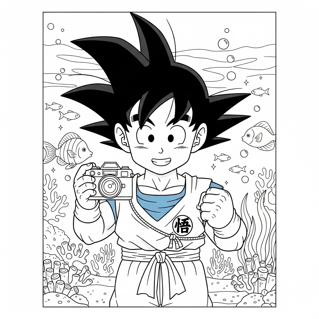 Desenho de Goku para colorir segurando câmera antiga no fundo do mar.