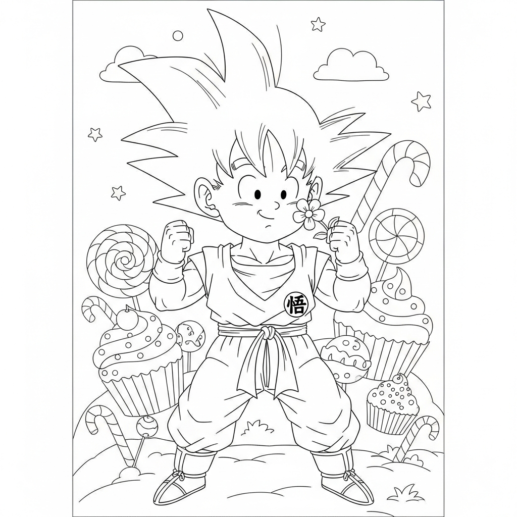 Desenho de Goku para colorir cheirando flor com olhos fechados na terra dos doces