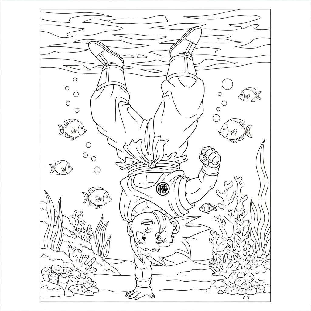 Desenho de Goku para colorir plantando bananeira no fundo do mar com peixes.
