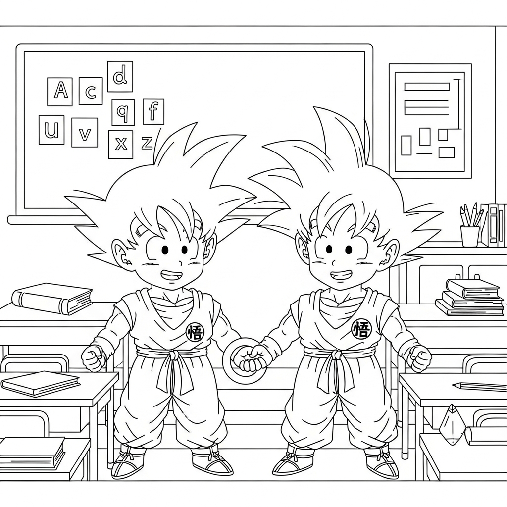 Desenho de Goku para colorir brincando de roda com amiguinhos na sala de aula com lousa