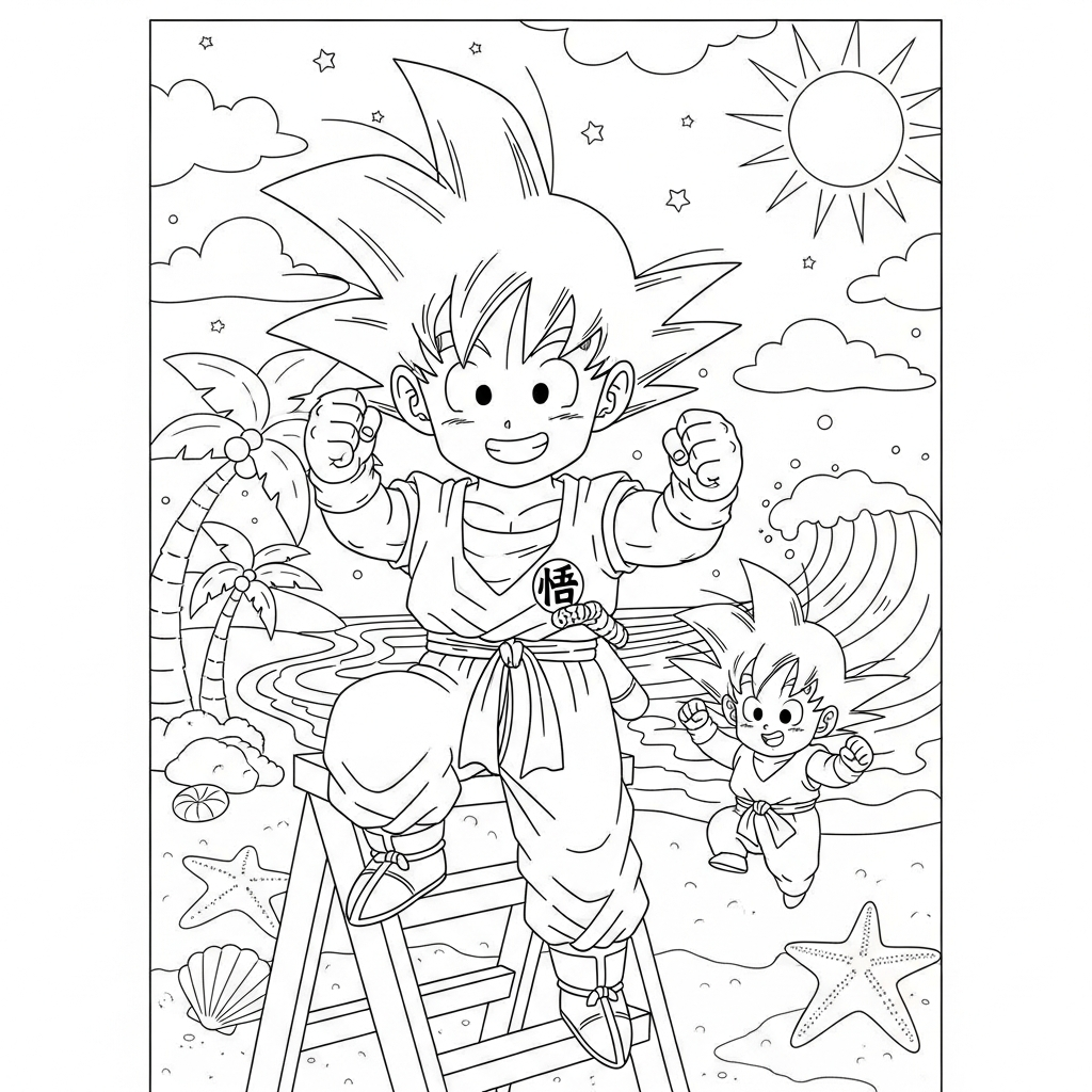 Desenho de Goku para colorir subindo em escada de mão na praia com palmeiras